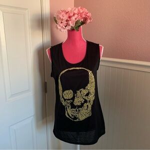 Rebellious One Women’s Black Tank with Gold Beaded Skull, size XL